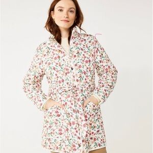 Draper James Cream Quilted Floral Puffer with Tie waist flowers and Green Leaves